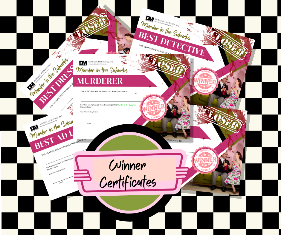 Murder In The Suburbs - 50% off GRAND OPENING SALE! - Downloadable, Printable 1950's Murder Mystery Role Playing Suspect Game
