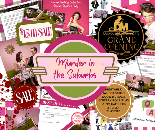 Murder In The Suburbs - 50% off GRAND OPENING SALE! - Downloadable, Printable 1950's Murder Mystery Role Playing Suspect Game