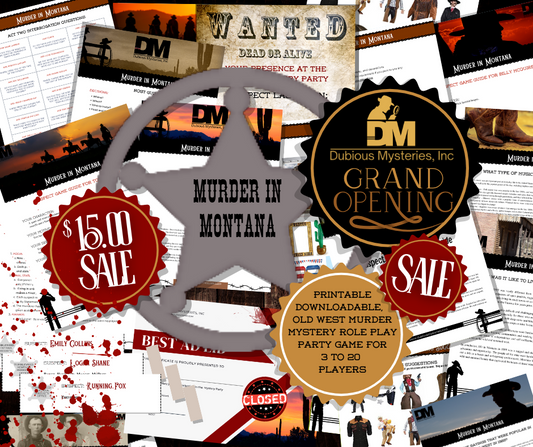 Murder in Montana - 50% off GRAND OPENING SALE! - Downloadable, Printable Old West Murder Mystery Role Playing Suspect Game