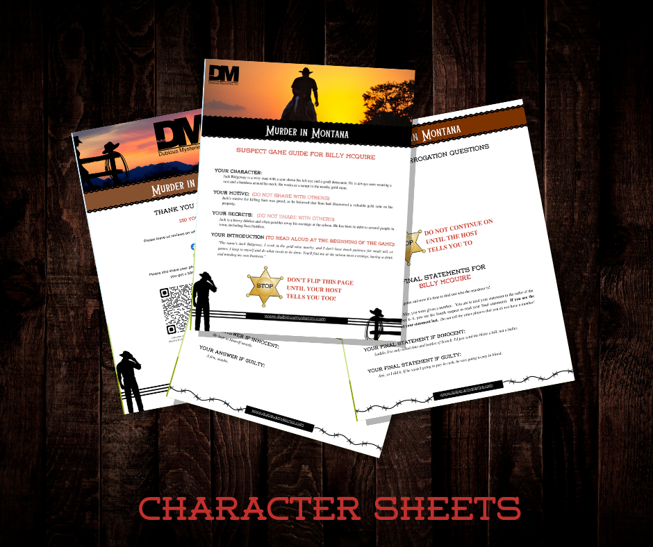 Murder in Montana - 50% off GRAND OPENING SALE! - Downloadable, Printable Old West Murder Mystery Role Playing Suspect Game