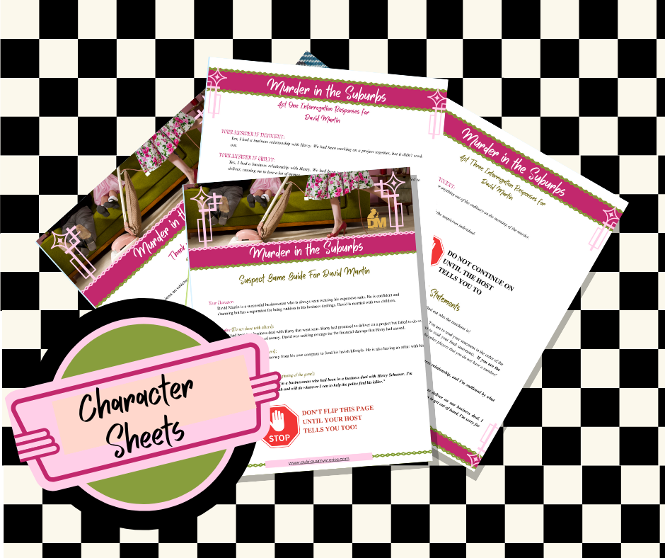 Murder In The Suburbs - 50% off GRAND OPENING SALE! - Downloadable, Printable 1950's Murder Mystery Role Playing Suspect Game