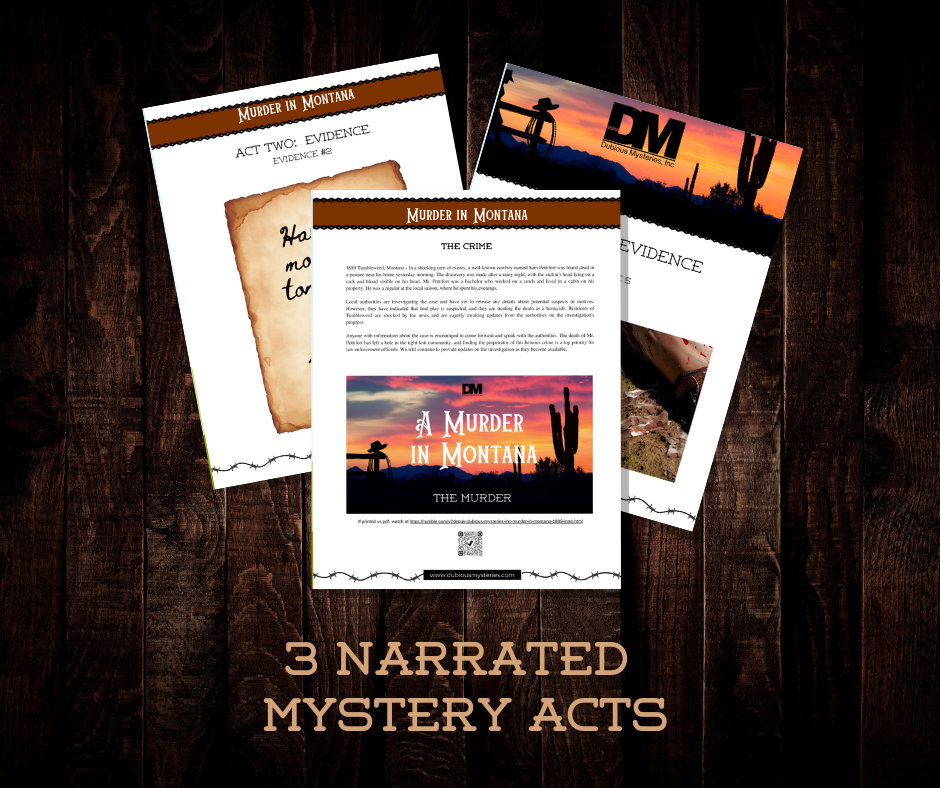 Murder in Montana - 50% off GRAND OPENING SALE! - Downloadable, Printable Old West Murder Mystery Role Playing Suspect Game