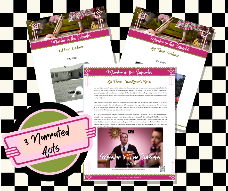Murder In The Suburbs - 50% off GRAND OPENING SALE! - Downloadable, Printable 1950's Murder Mystery Role Playing Suspect Game