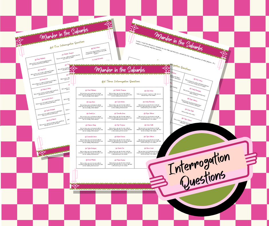 Murder In The Suburbs - 50% off GRAND OPENING SALE! - Downloadable, Printable 1950's Murder Mystery Role Playing Suspect Game
