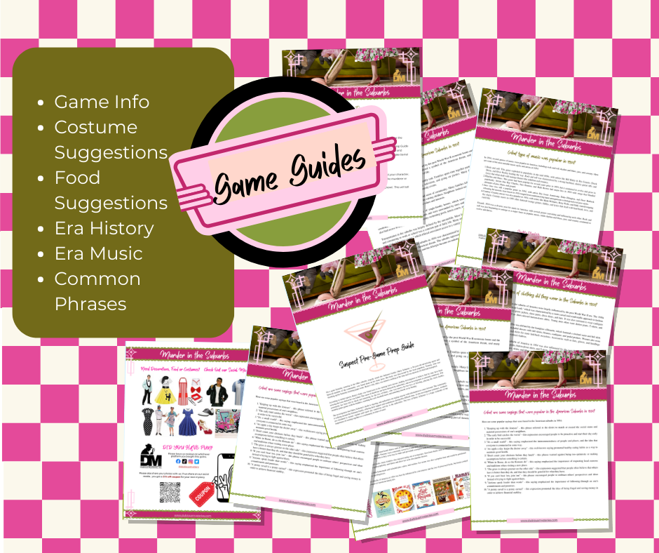 Murder In The Suburbs - 50% off GRAND OPENING SALE! - Downloadable, Printable 1950's Murder Mystery Role Playing Suspect Game