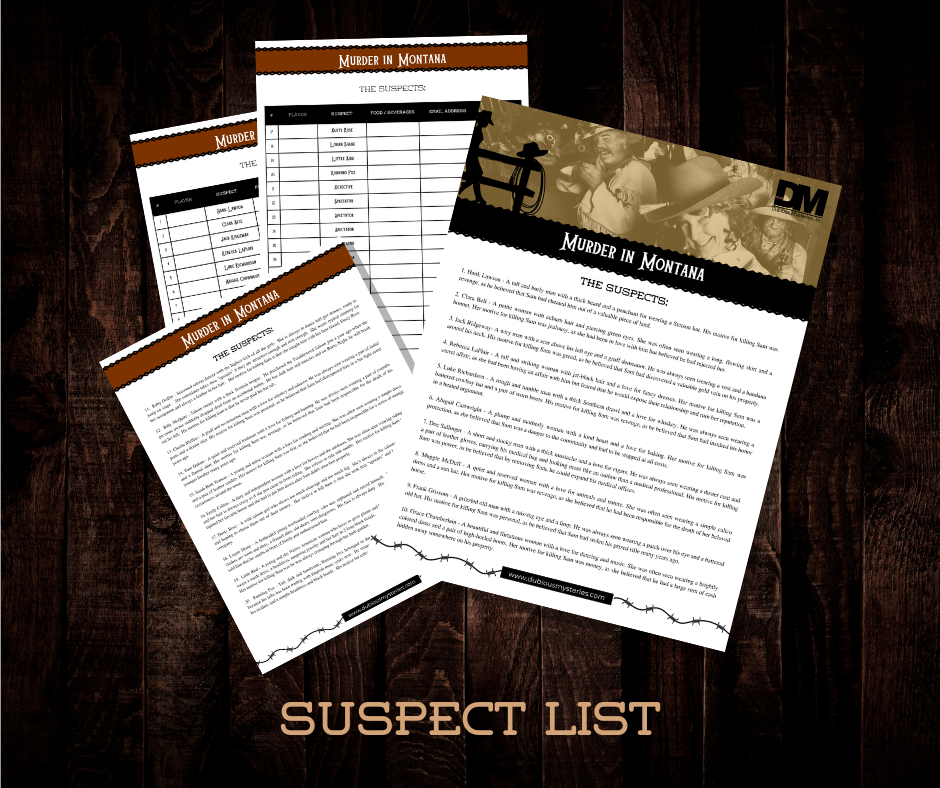 Murder in Montana - 50% off GRAND OPENING SALE! - Downloadable, Printable Old West Murder Mystery Role Playing Suspect Game