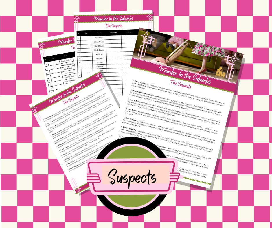 Murder In The Suburbs - 50% off GRAND OPENING SALE! - Downloadable, Printable 1950's Murder Mystery Role Playing Suspect Game