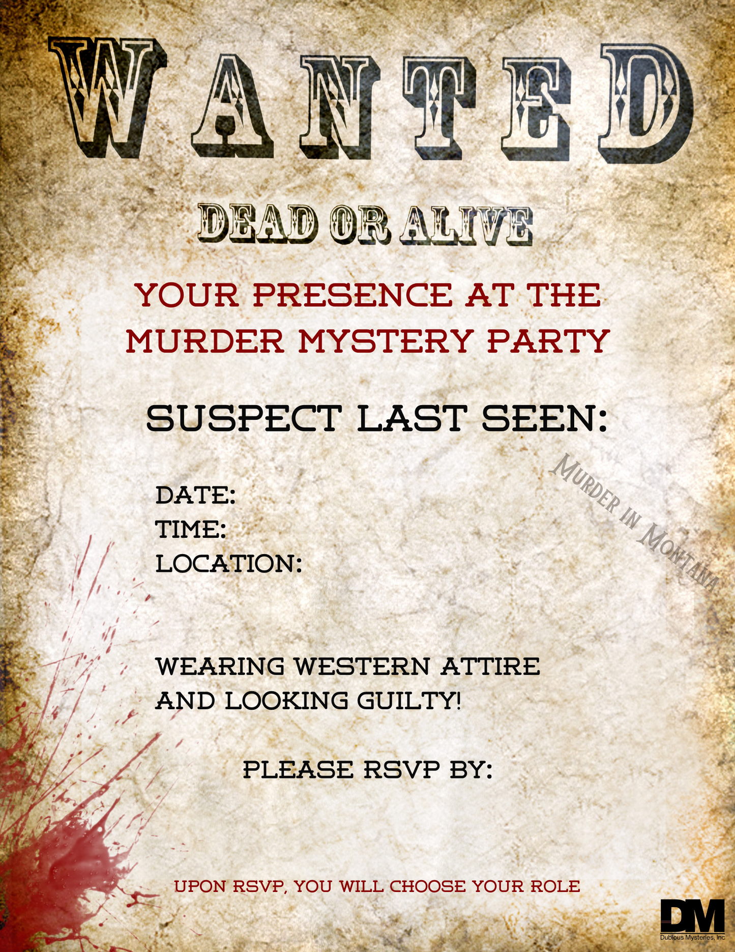 Murder in Montana - 50% off GRAND OPENING SALE! - Downloadable, Printable Old West Murder Mystery Role Playing Suspect Game